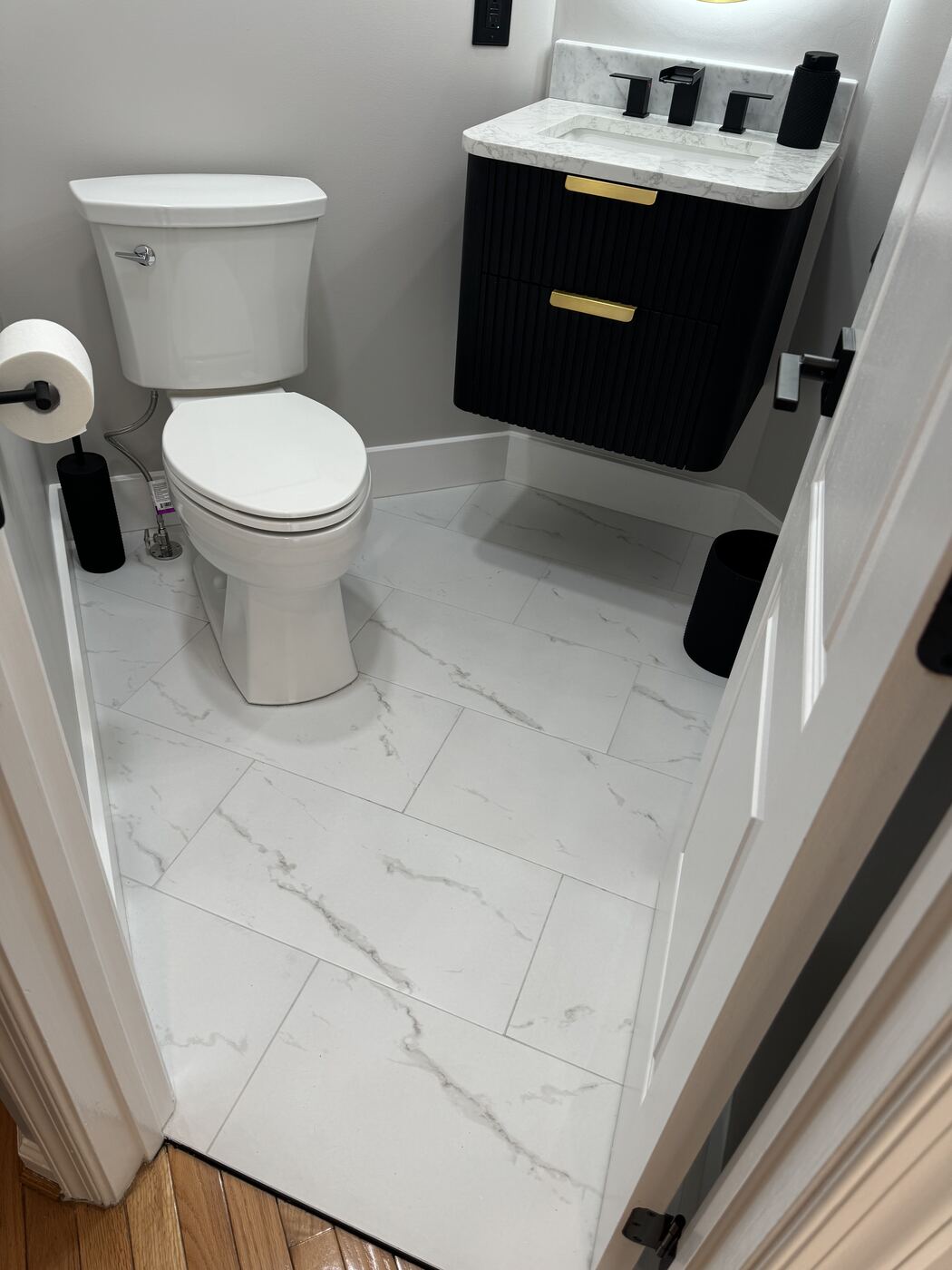 Marble-look porcelain floor tile detail