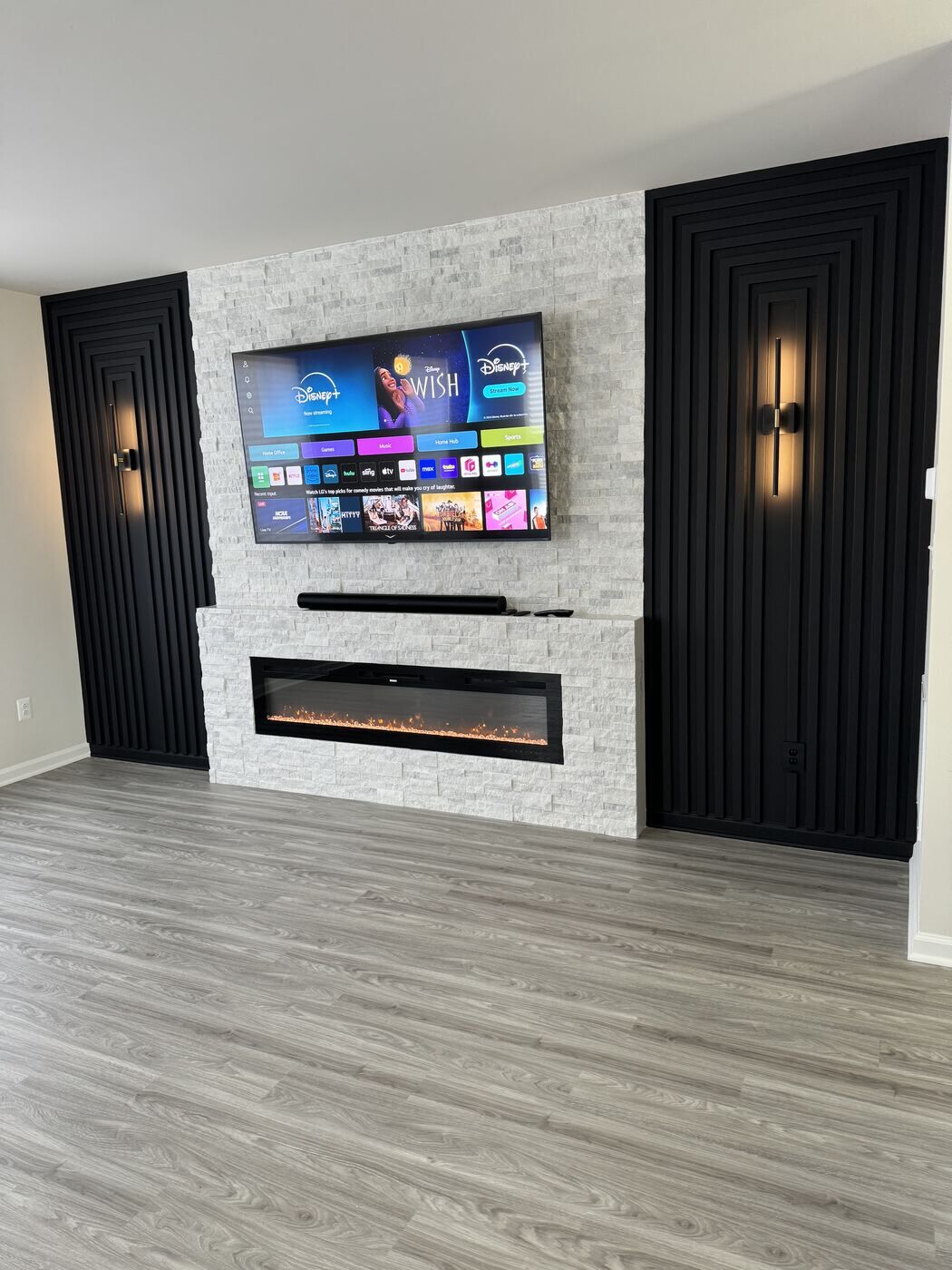 Wide view of the finished room with new flooring